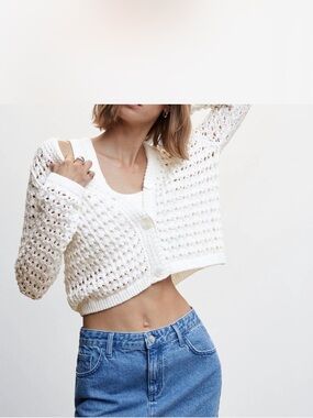 Mango White Cropped Open-Knit Cardigan
